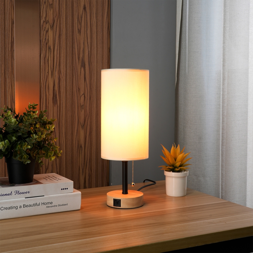 Brilagi - Stolní lampa s USB portem TABLON 1xE27/25W/230V dub/černá/krémová