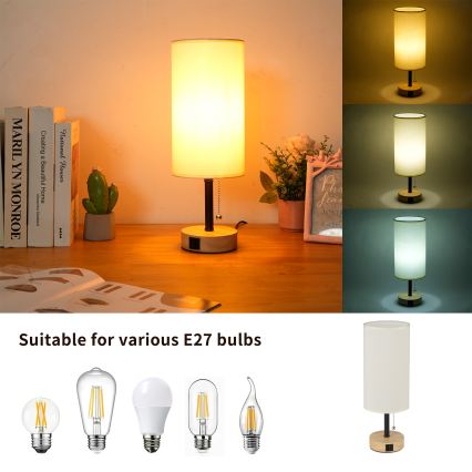 Brilagi - Stolní lampa s USB portem TABLON 1xE27/25W/230V dub/černá/krémová