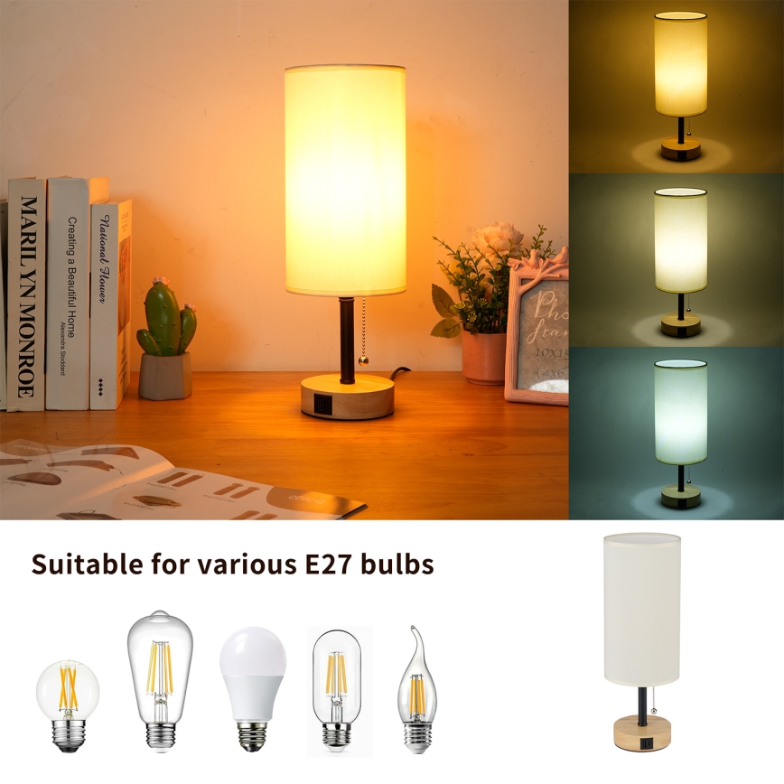 Brilagi - Stolní lampa s USB portem TABLON 1xE27/25W/230V dub/černá/krémová