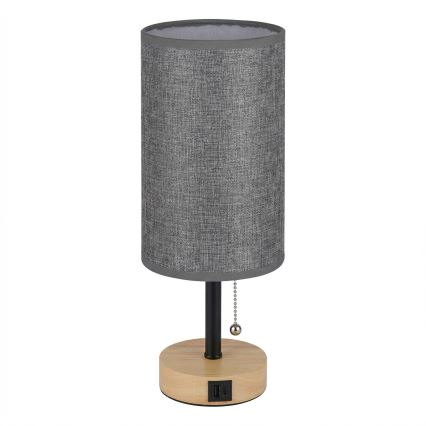Brilagi - Stolní lampa s USB portem TABLON 1xE27/25W/230V dub/černá/šedá