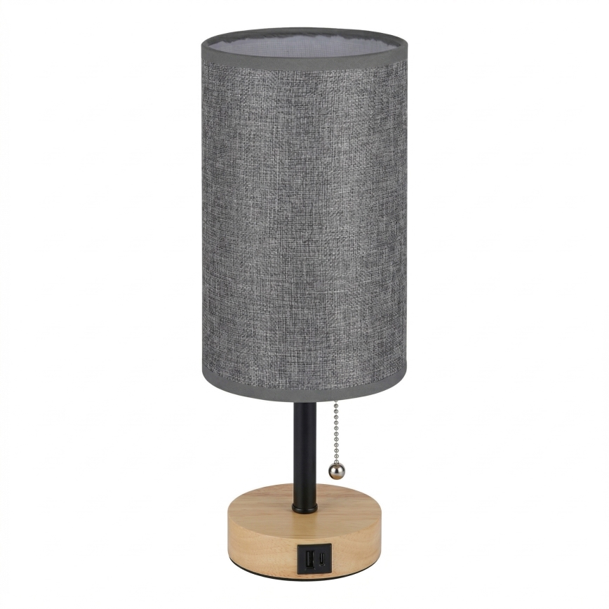 Brilagi - Stolní lampa s USB portem TABLON 1xE27/25W/230V dub/černá/šedá