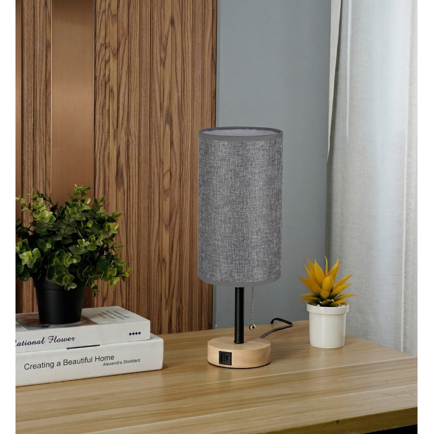 Brilagi - Stolní lampa s USB portem TABLON 1xE27/25W/230V dub/černá/šedá