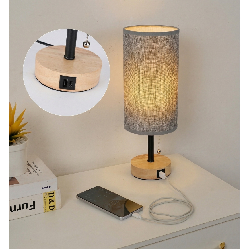 Brilagi - Stolní lampa s USB portem TABLON 1xE27/25W/230V dub/černá/šedá