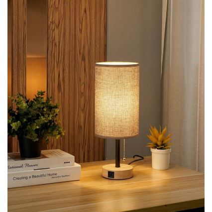 Brilagi - Stolní lampa s USB portem TABLON 1xE27/25W/230V dub/černá/šedá