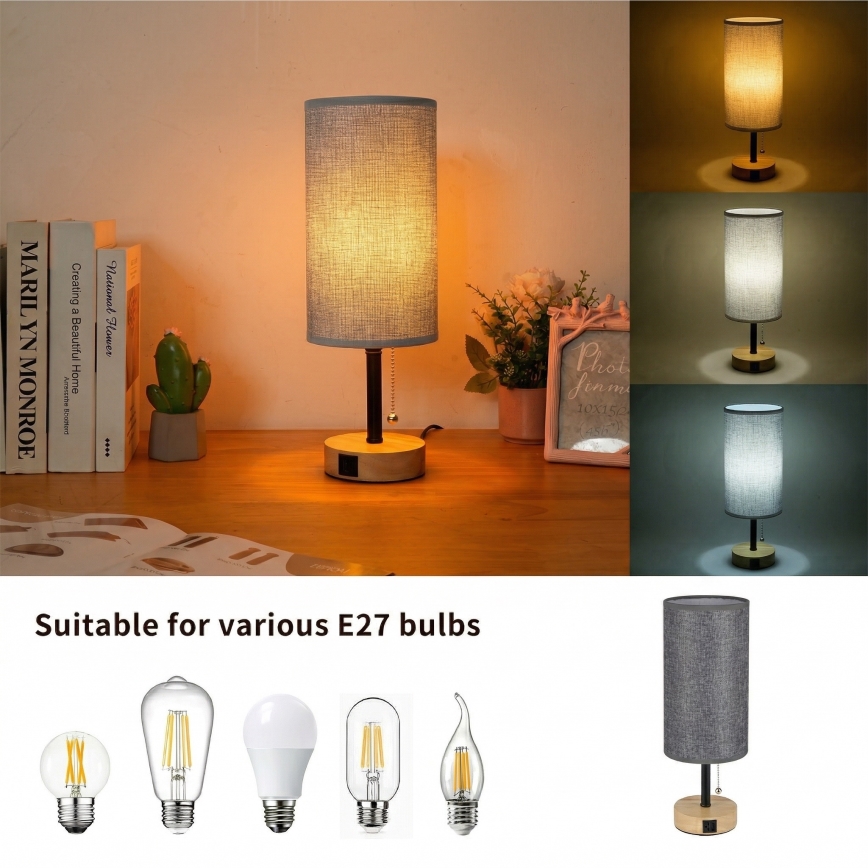 Brilagi - Stolní lampa s USB portem TABLON 1xE27/25W/230V dub/černá/šedá