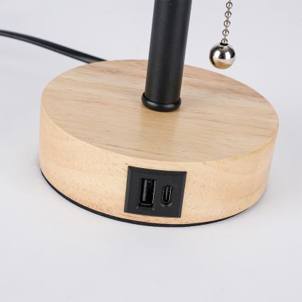 Brilagi - Stolní lampa s USB portem TABLON 1xE27/25W/230V dub/černá/šedá