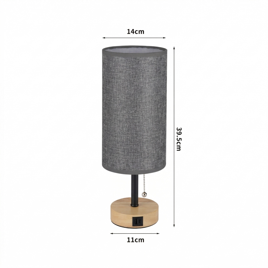 Brilagi - Stolní lampa s USB portem TABLON 1xE27/25W/230V dub/černá/šedá