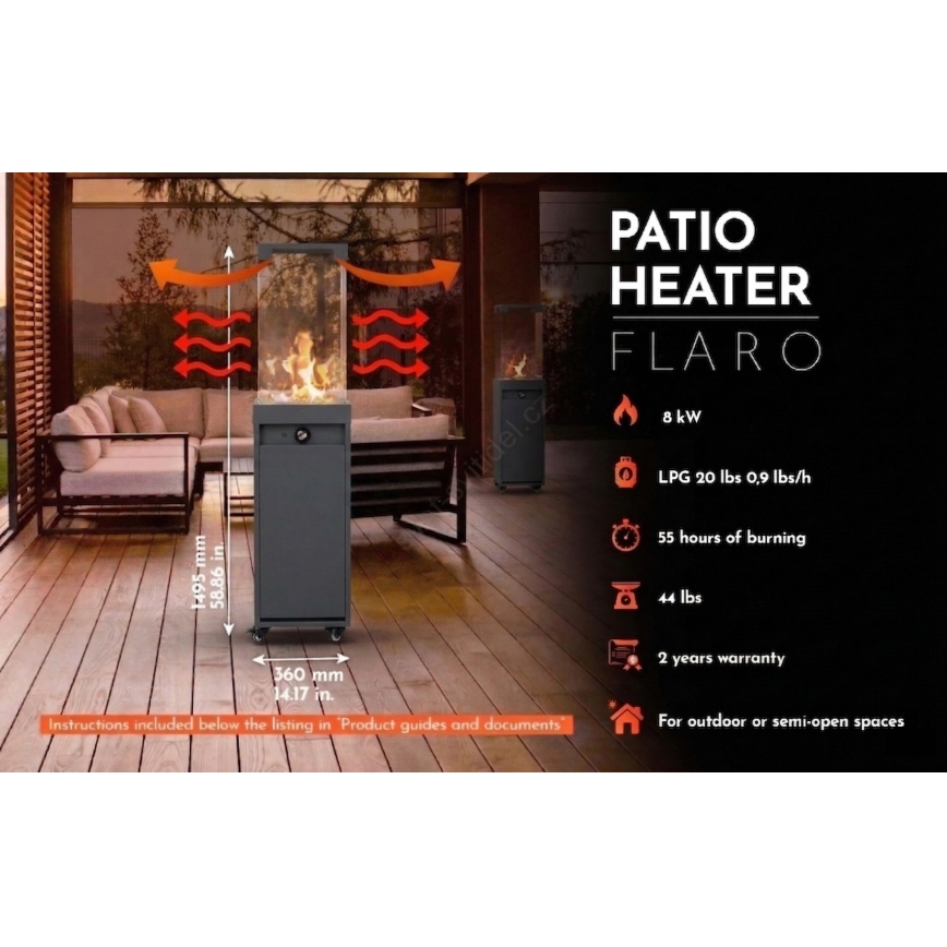 Brilagi - Venkovní plynový krb FLARO GAS 142x36 cm 8kW 1xAAA antracit + ochranný kryt