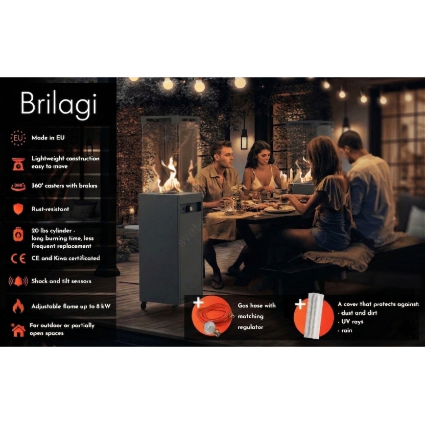 Brilagi - Venkovní plynový krb FLARO GAS 142x36 cm 8kW 1xAAA antracit + ochranný kryt