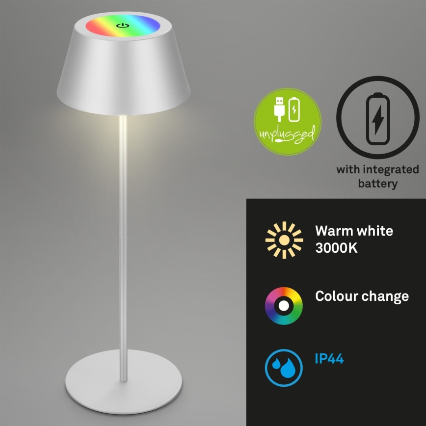Brilo - LED RGB Stmívatelná nabíjecí dotyková venkovní stolní lampa KIKI LED/2,6W/5V IP44 2600 mAh stříbrná
