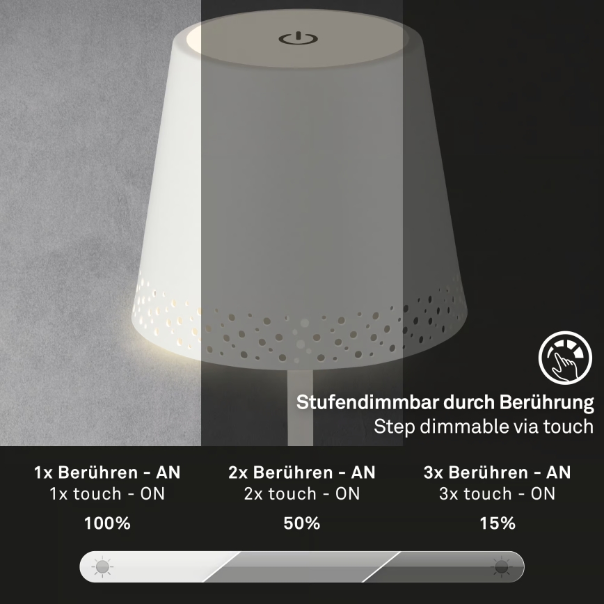 Brilo - LED Stmívatelná nabíjecí dotyková venkovní stolní lampa KIKI LED/2,6W/5V IP44 2600 mAh bílá