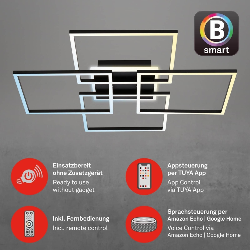 Brilo - LED Stmévatelné stropní svítidlo FRAME LED/50W/230V 2700-6500K 72,4x72,4cm černá Wi-Fi Tuya + dálkové ovládání