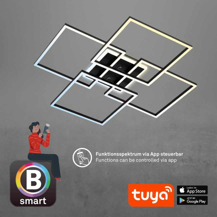 Brilo - LED Stmévatelné stropní svítidlo FRAME LED/50W/230V 2700-6500K 72,4x72,4cm černá Wi-Fi Tuya + dálkové ovládání