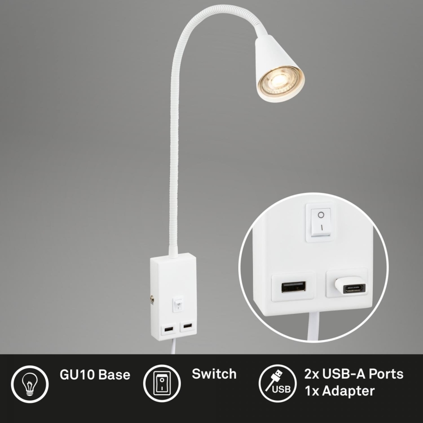 Briloner 2175-016 - Flexibilní nástěnná lampa s USB portem 1xGU10/10W/230V bílá