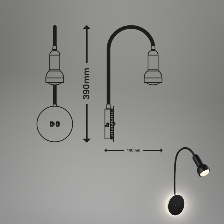 Briloner 2178015 - LED Nástěnná flexibilní lampa 1xE14/10W/230V + LED/3W černá