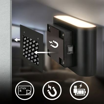 Briloner 3878015 - LED Nabíjecí nástěnné svítidelo se senzorem pohybu a soumraku CHAT LED/3W/5V 2000 mAh černá