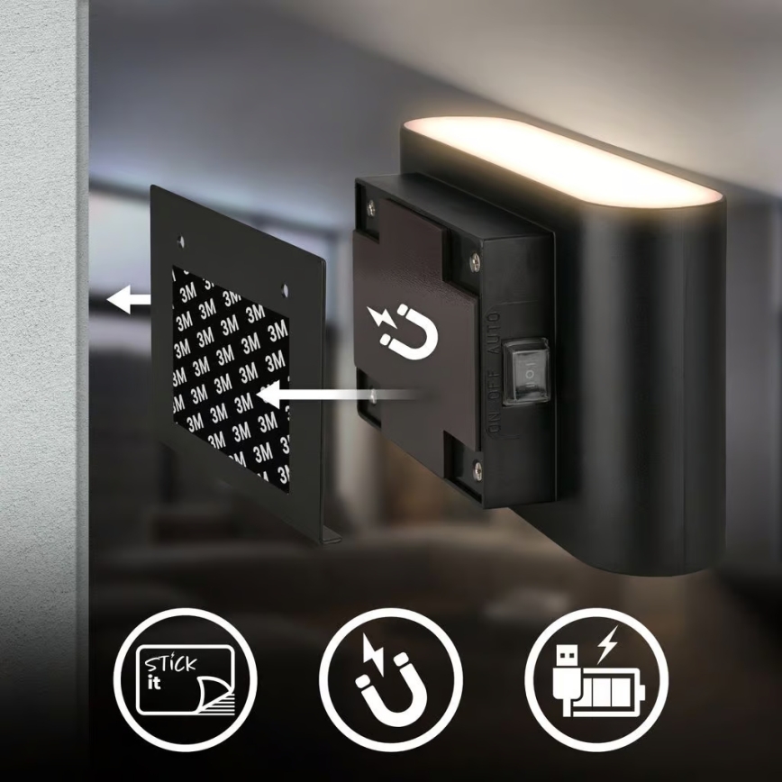 Briloner 3878015 - LED Nabíjecí nástěnné svítidelo se senzorem pohybu a soumraku CHAT LED/3W/5V 2000 mAh černá