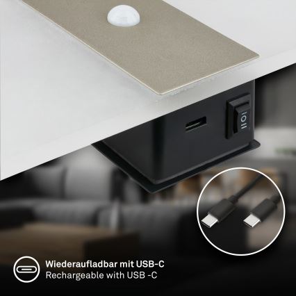 Briloner 3888012 - LED Nabíjecí nástěnné svítidlo se senzorem pohybu a soumraku AURA LED/2,5W/5V 1800 mAh matný chrom