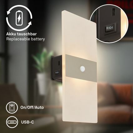 Briloner 3888012 - LED Nabíjecí nástěnné svítidlo se senzorem pohybu a soumraku AURA LED/2,5W/5V 1800 mAh matný chrom