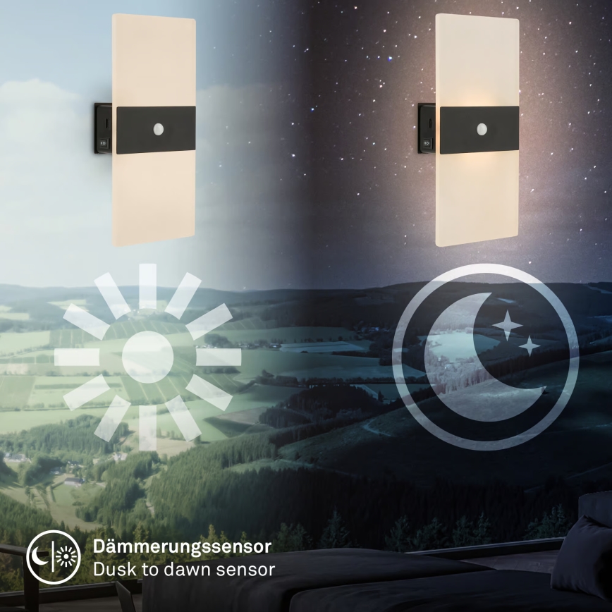 Briloner 3888015 - LED Nabíjecí nástěnné svítidlo se senzorem pohybu a soumraku AURA LED/2,5W/5V 1800 mAh černá