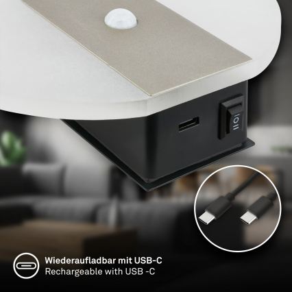 Briloner 3889012 - LED Nabíjecí nástěnné svítidlo se senzorem pohybu a soumraku TARO LED/2,5W/5V 1800 mAh matný chrom