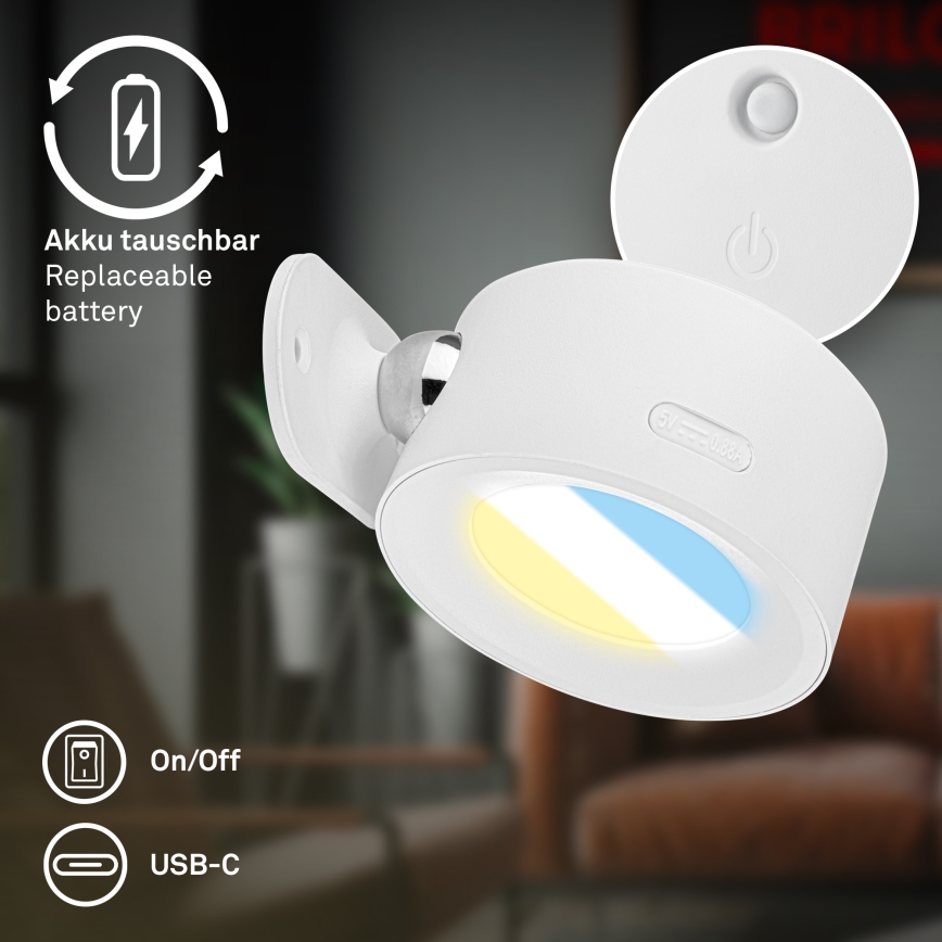 Briloner 3896016 - LED Stmívatelné nabíjecí nástěnné svítidlo TARI LED/1,6W/5V 1500 mAh bílá