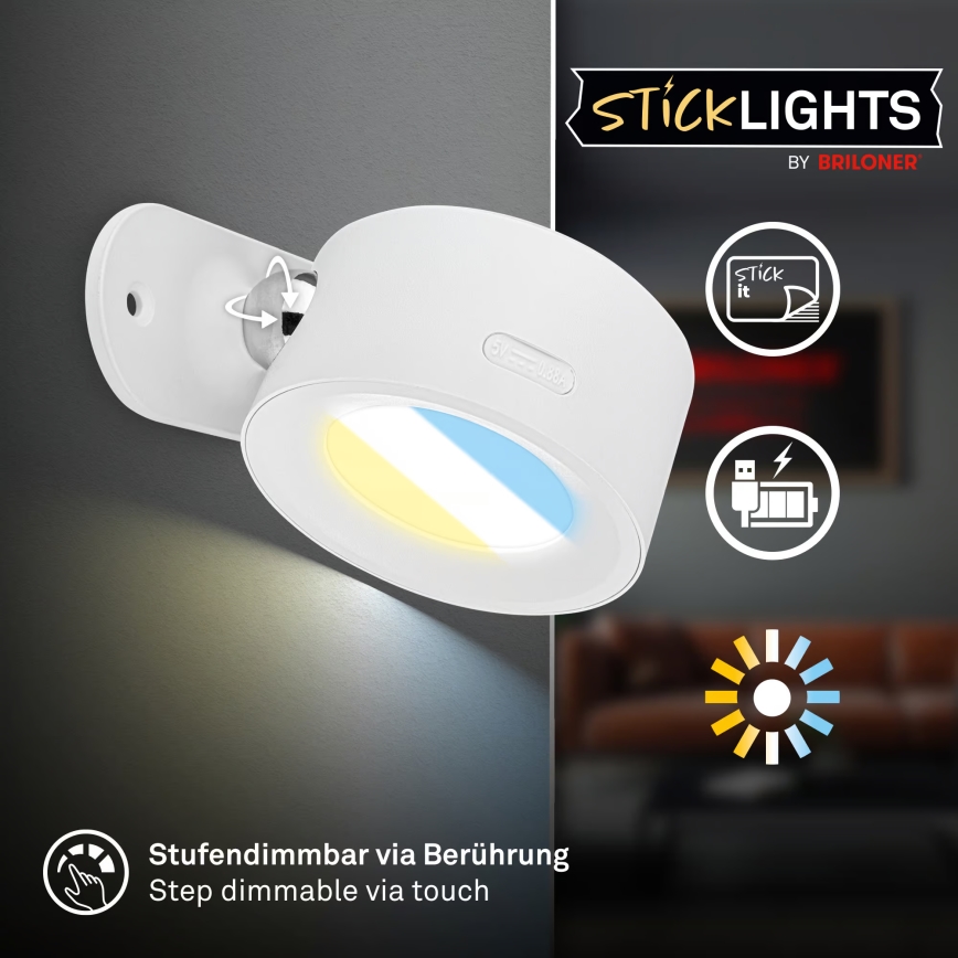 Briloner 3896016 - LED Stmívatelné nabíjecí nástěnné svítidlo TARI LED/1,6W/5V 1500 mAh bílá