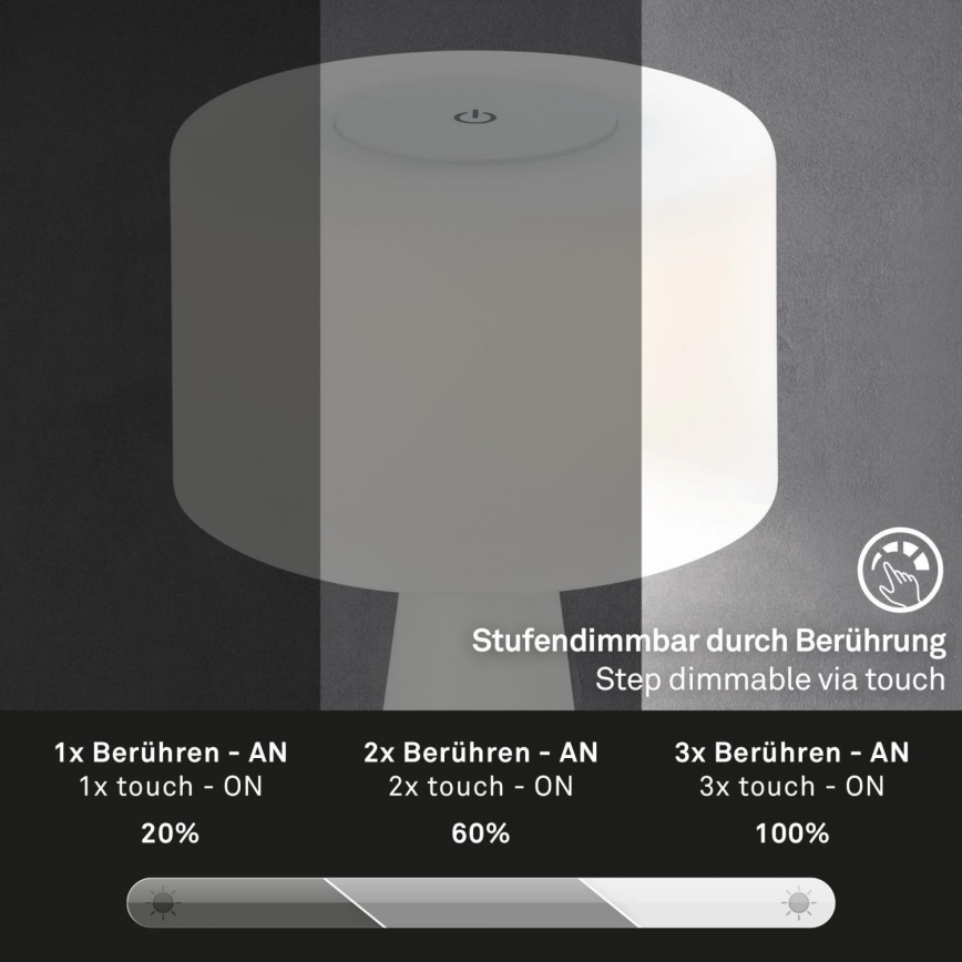 Briloner 7420016 - LED Stmívatelná nabíjecí dotyková venkovní stolní lampa LED/4W/5V IP44 3000K bílá