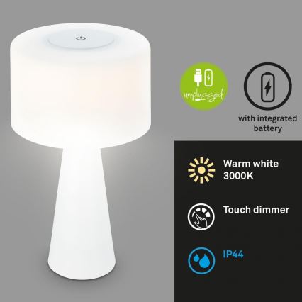 Briloner 7420016 - LED Stmívatelná nabíjecí dotyková venkovní stolní lampa LED/4W/5V IP44 3000K bílá