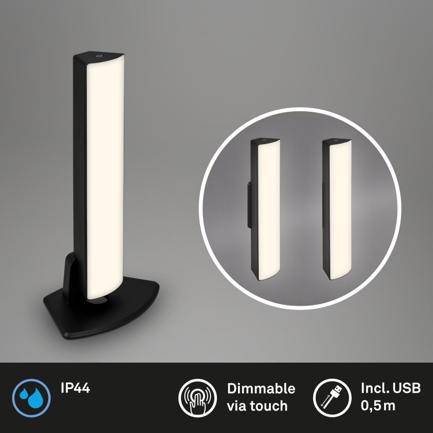 Briloner 7474-015 - LED Stmívatelná dotyková nabíjecí venkovní stolní lampa 2v1 LED/7W/5V 2200 mAh USB 3000K IP44 černá
