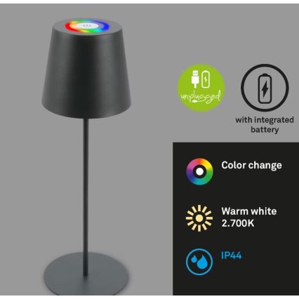 Briloner 7507015 - LED RGB Stmívatelná nabíjecí venkovní stolní lampa 2v1 LED/2,5W/5V IP44 antracit