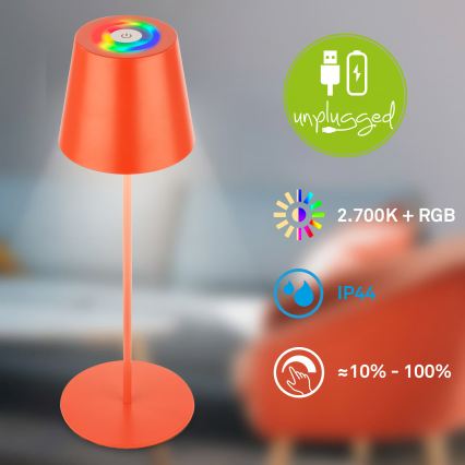Briloner 7510012 - LED RGBW Stmívatelná venkovní nabíjecí stolní lampa CALIDA LED/2,5W/5V IP44 1200 mAh oranžová