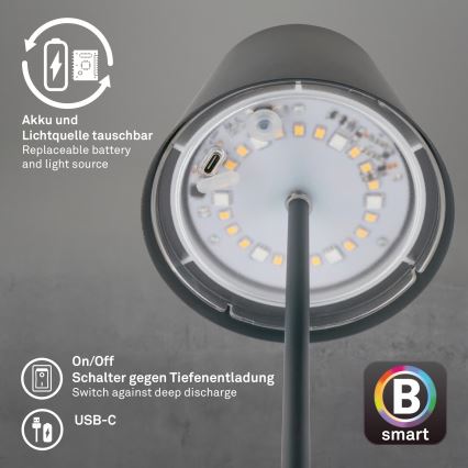 Briloner 7559015 - LED RGB Stmívatelná nabíjecí venkovní stolní lampa COLORIS LED/3,5W/5V IP44 2000 mAh antracit Wi-Fi Tuya