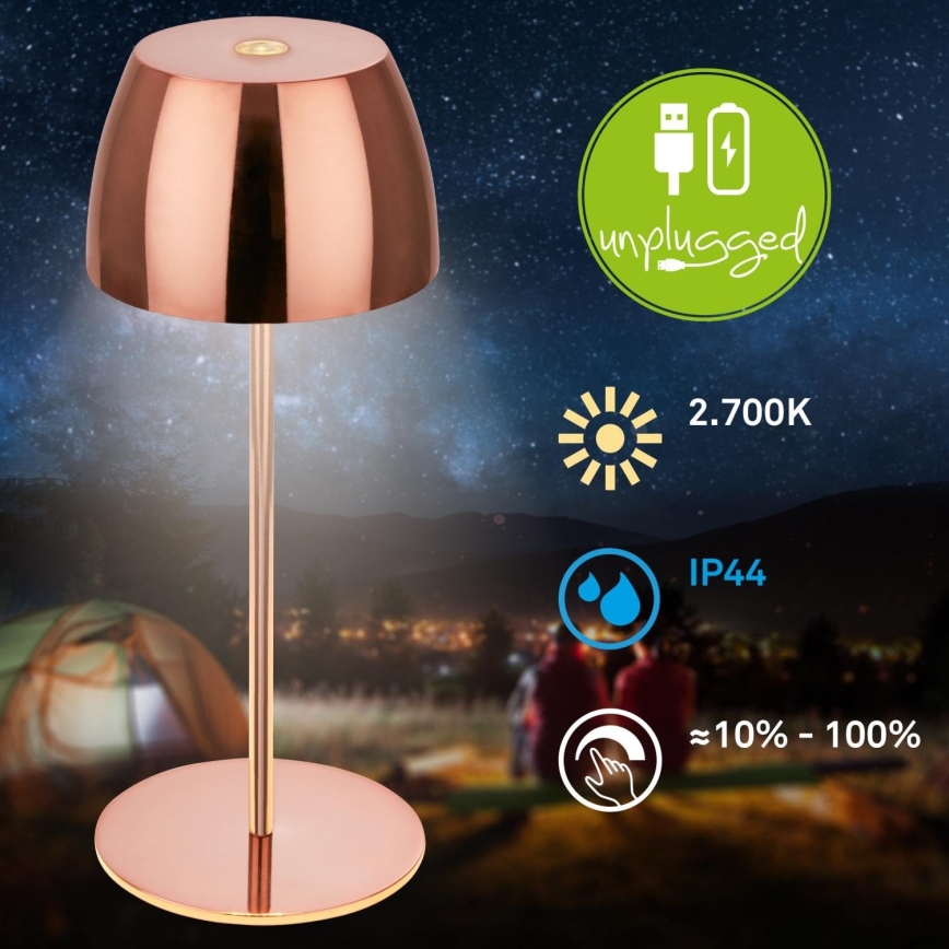 Briloner - LED Stmívatelná nabíjecí dotyková venkovní stolní lampa MINI LED/2,5W/5V IP44 1800 mAh měděná