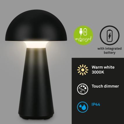 Briloner - LED Stmívatelná nabíjecí dotyková venkovní stolní lampa LED/2,6W/5V 3000K IP44 2000 mAh černá