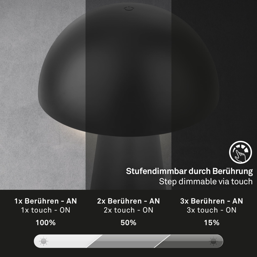 Briloner - LED Stmívatelná nabíjecí dotyková venkovní stolní lampa LED/2,6W/5V 3000K IP44 2000 mAh černá