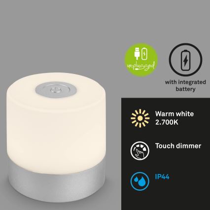 Briloner - LED Stmívatelná nabíjecí dotyková venkovní stolní lampa LED/2W/5V 2700K IP44 1200 mAh matný chrom