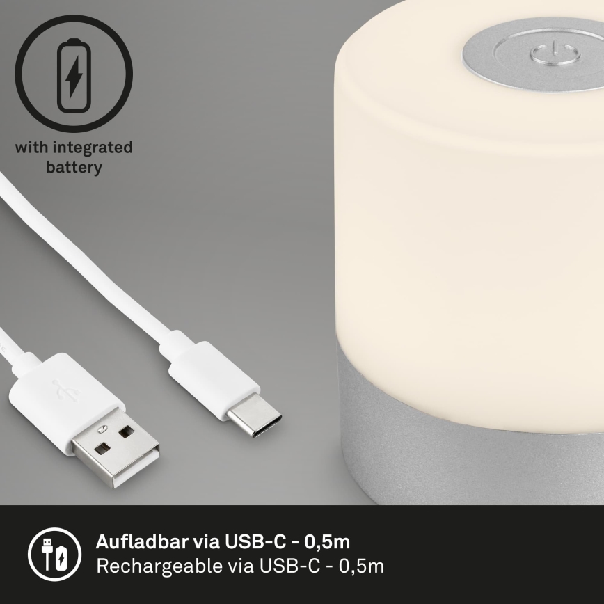 Briloner - LED Stmívatelná nabíjecí dotyková venkovní stolní lampa LED/2W/5V 2700K IP44 1200 mAh matný chrom