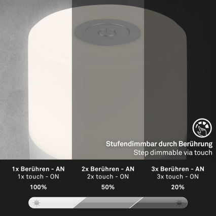 Briloner - LED Stmívatelná nabíjecí dotyková venkovní stolní lampa LED/2W/5V 2700K IP44 1200 mAh matný chrom