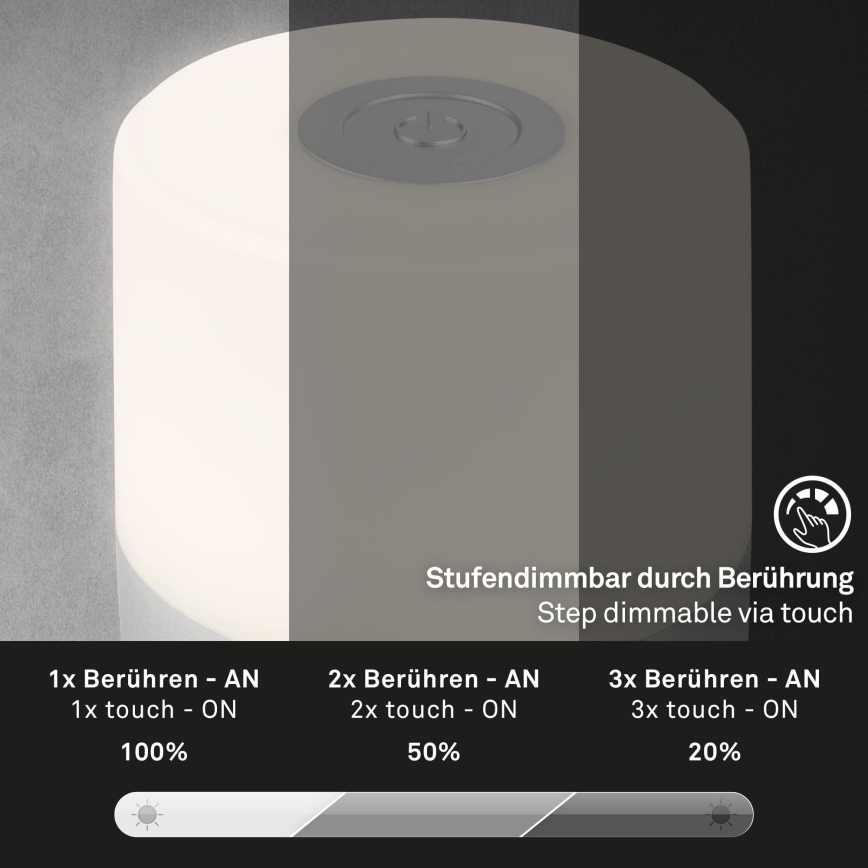 Briloner - LED Stmívatelná nabíjecí dotyková venkovní stolní lampa LED/2W/5V 2700K IP44 1200 mAh matný chrom