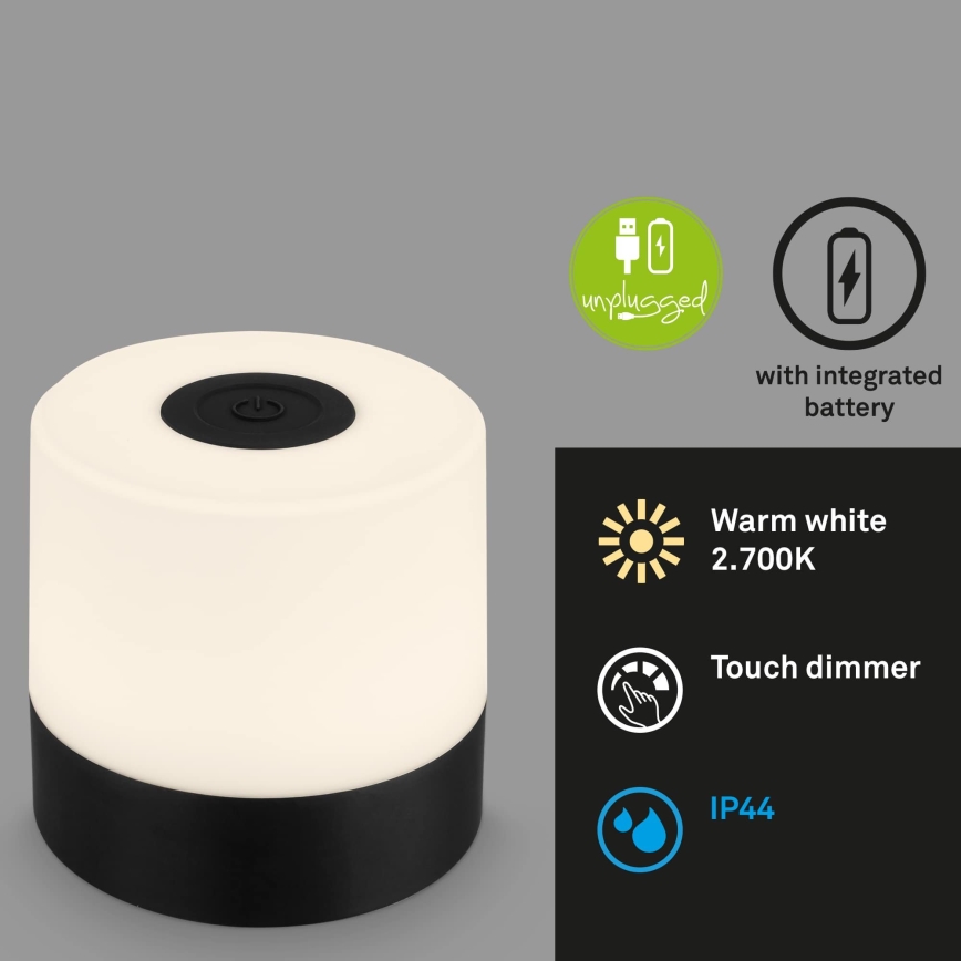 Briloner - LED Stmívatelná nabíjecí dotyková venkovní stolní lampa LED/2W/5V 2700K IP44 1200 mAh černá