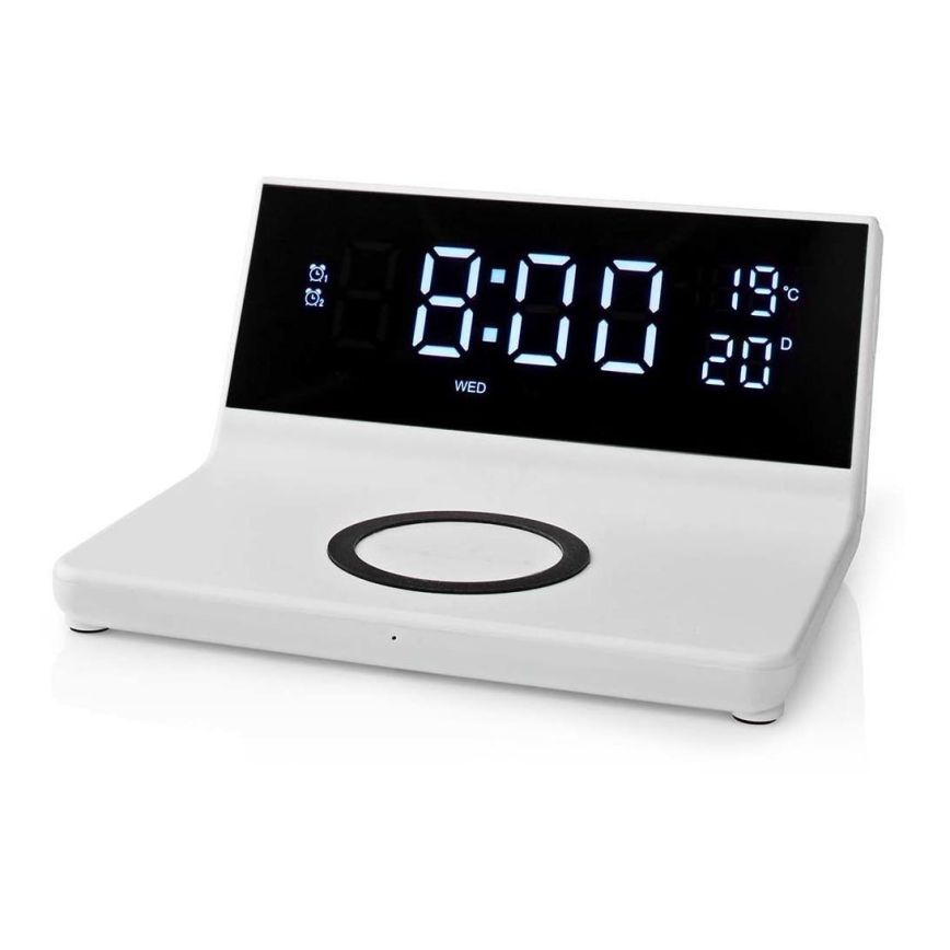Budík s LCD displejem a bezdrátovou nabíječkou 15W/230V + 1xCR2032 bílá