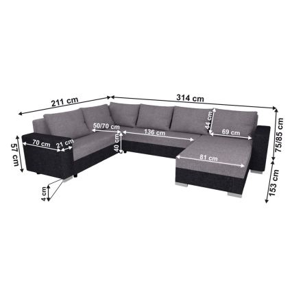 Čalouněná univerzální rozkládací sedací souprava do U YORK šedá/černá