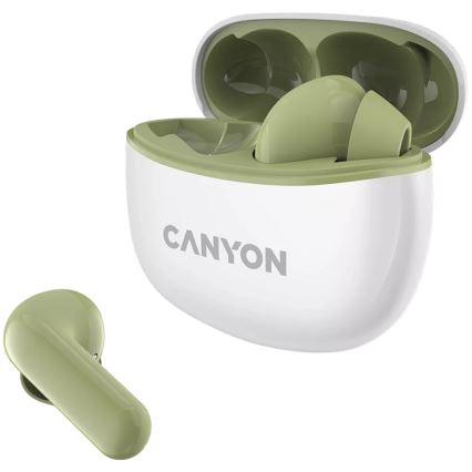Canyon - Bezdrátová stereo sluchátka True Wireless 500 mAh + 2x 40 mAh bílá/zelená