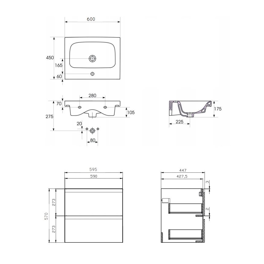 Cersanit S801-223-DSM - Závěsná koupelnová skříňka s umyvadlem MODUO 60x45 cm lesklá bílá