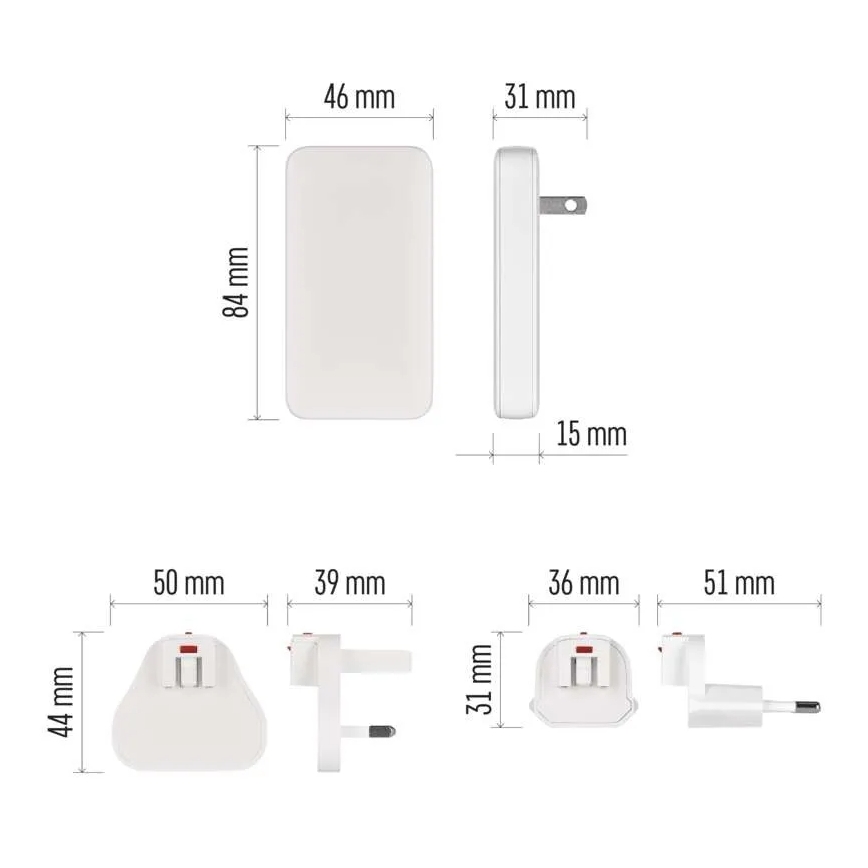 Cestovní adaptér s výměnnými nástavci USB GaN 100-250V