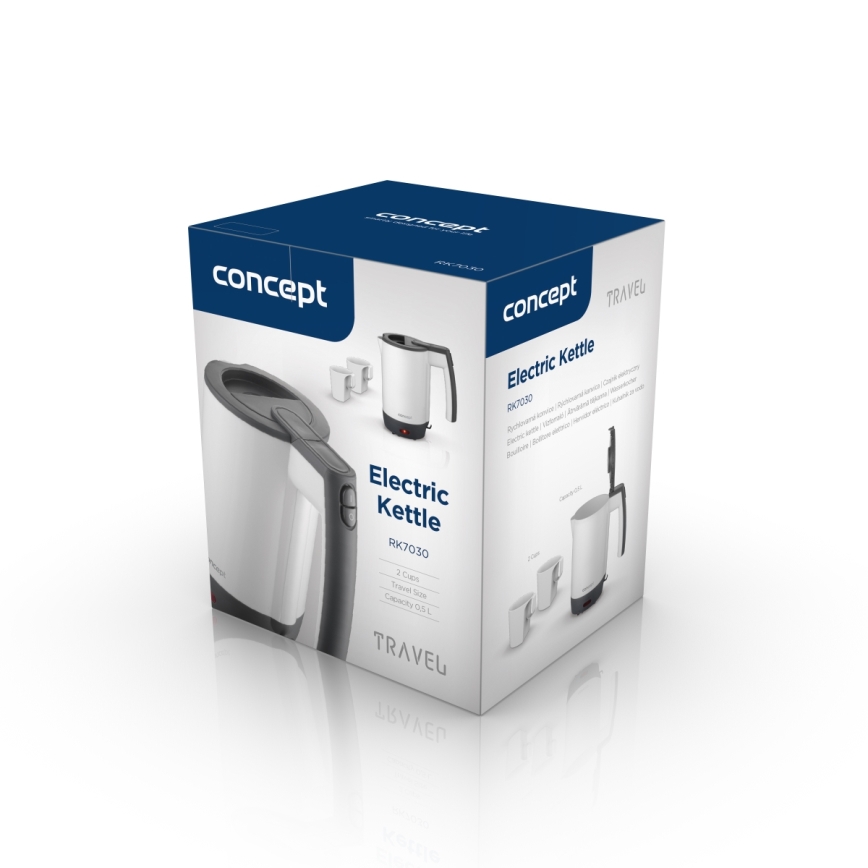 Concept RK7030 - Cestovní rychlovarná konvice 0,5 l 1080W/230V šedá/bílá + 2 šálky