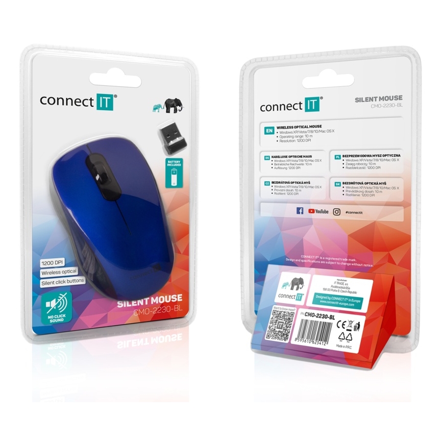 CONNECT IT CMO-2230-BL - Bezdrátová tichá myš MUTE 1200 DPI 1xAA černá/modrá