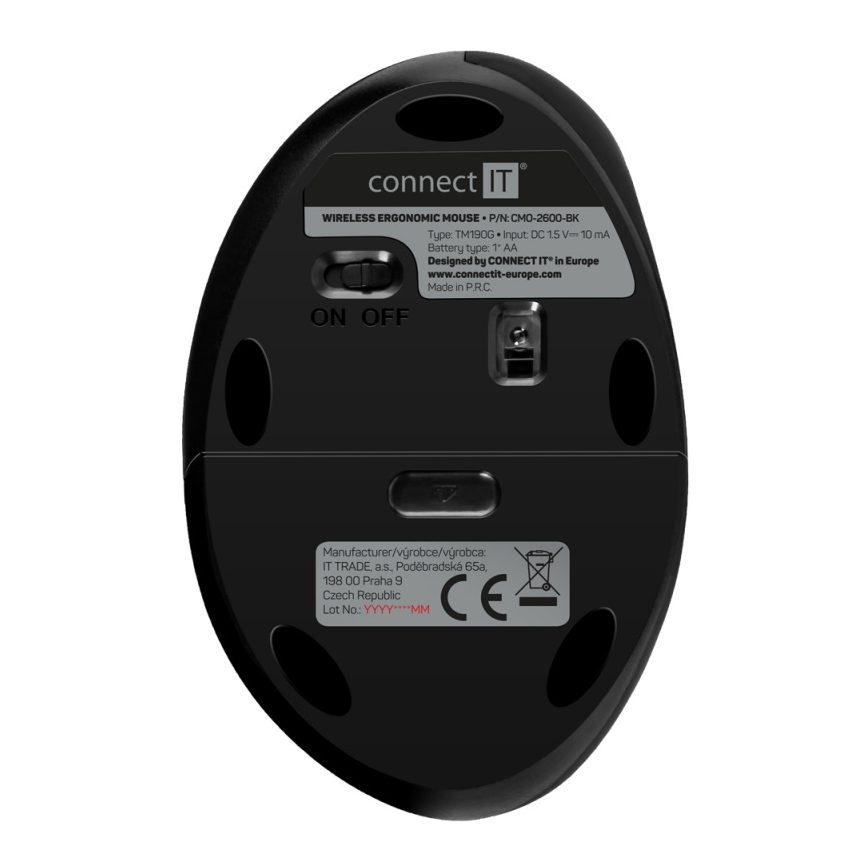 CONNECT IT CMO-2600-BK - Ergonomická bezdrátová myš 800/1200/1600 DPI 1xAA černá