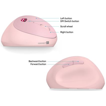 CONNECT IT CMO-2600-PK - Ergonomická bezdrátová myš 800/1200/1600 DPI 1xAA růžová